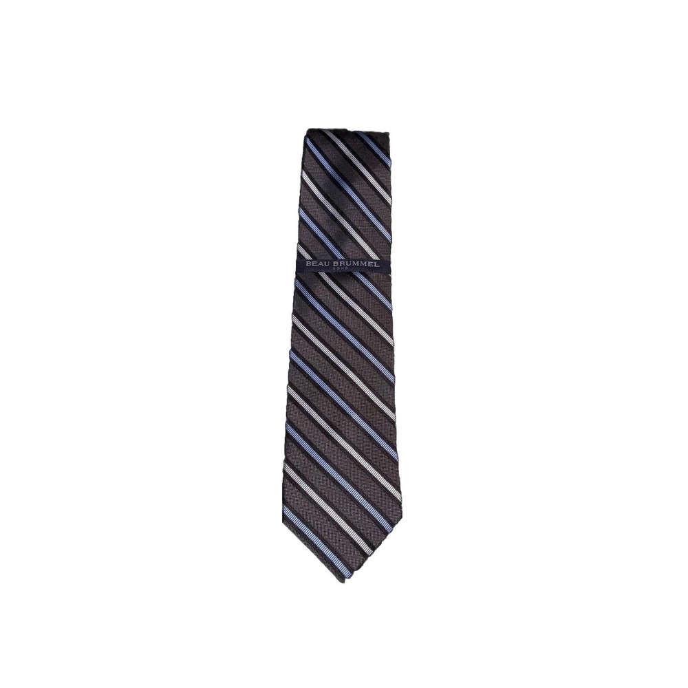 New Beau Brummell Soho Hand Made 100% Silk Tie Gray, White, Blue & Black Stripe